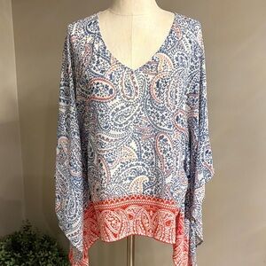 Ariat paisley pattern V-Neck kimono Top Blue Red WHITE chiffon lightweight NWOT